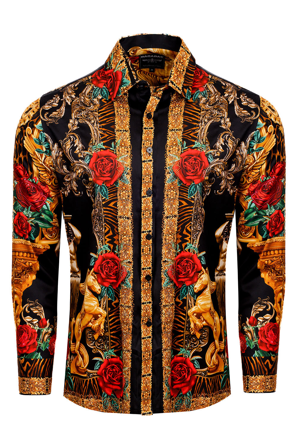 BARABAS Men's Rhinestone Floral Unicorn Long Sleeve Shirts 3SPR418 Black Gold