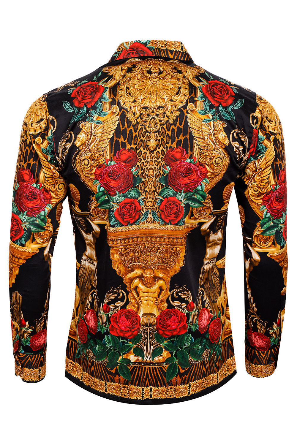 BARABAS Men's Rhinestone Floral Unicorn Long Sleeve Shirts 3SPR418 Black Gold