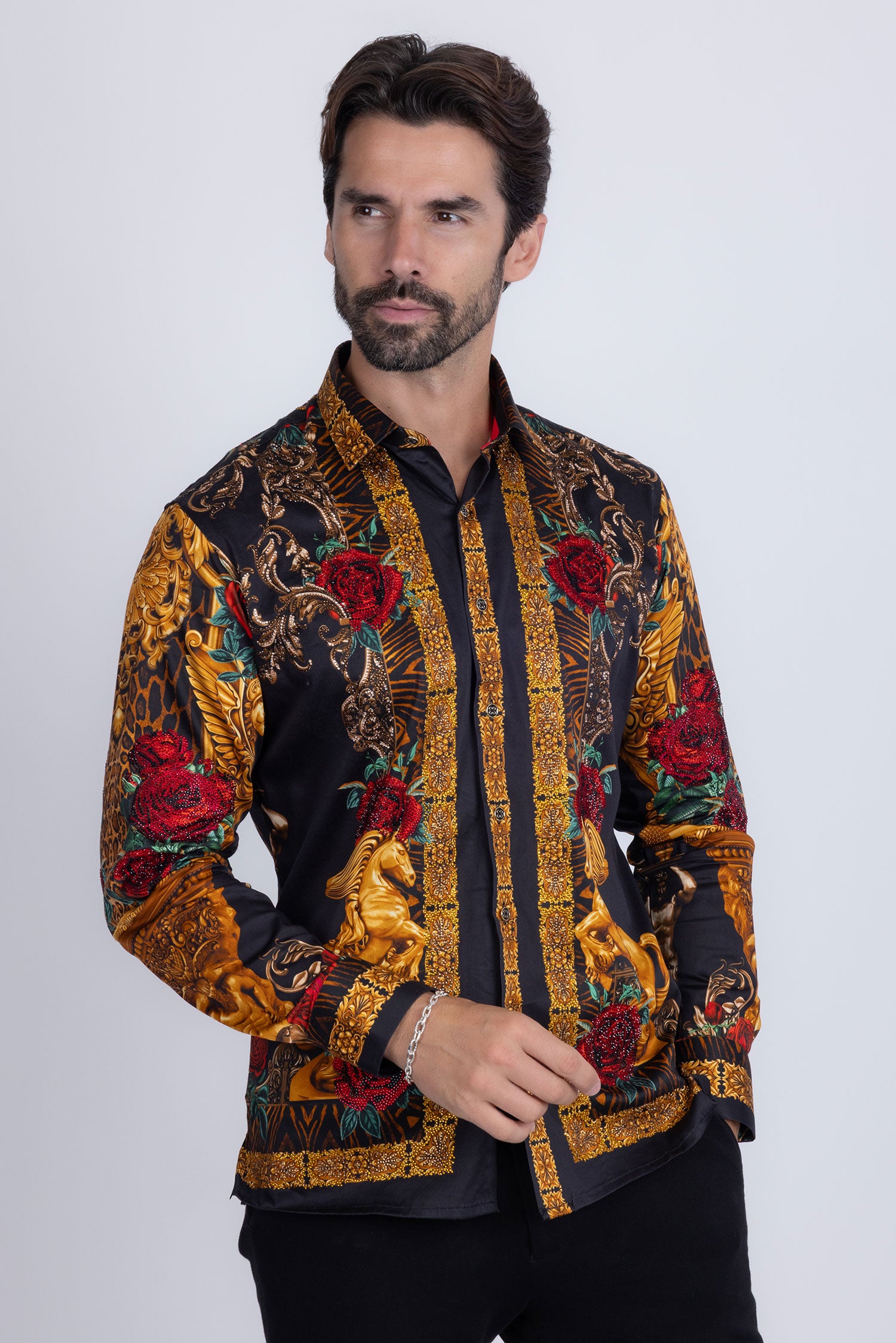 BARABAS Men's Rhinestone Floral Unicorn Long Sleeve Shirts 3SPR418 Black Gold