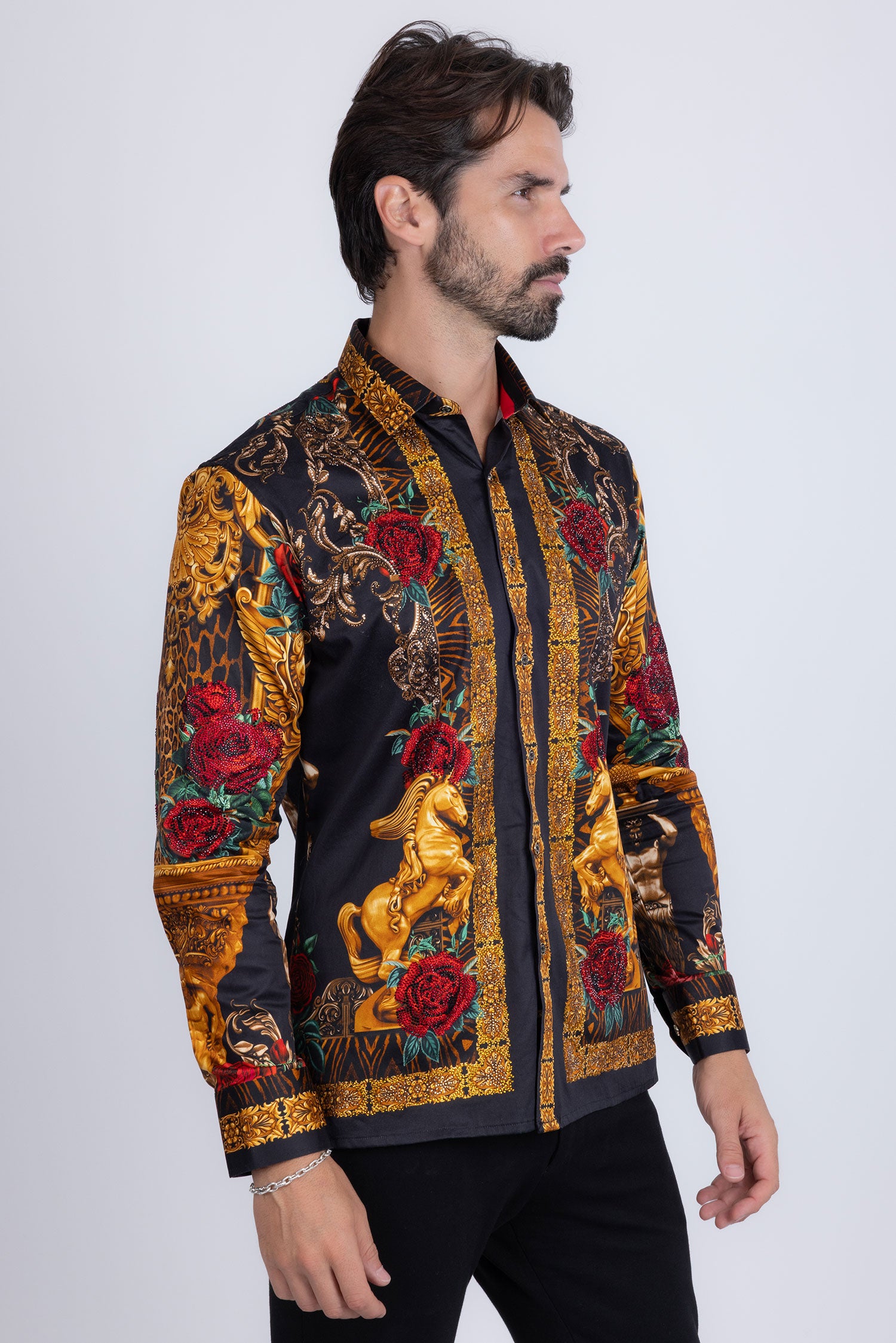 BARABAS Men's Rhinestone Floral Unicorn Long Sleeve Shirts 3SPR418 Black Gold