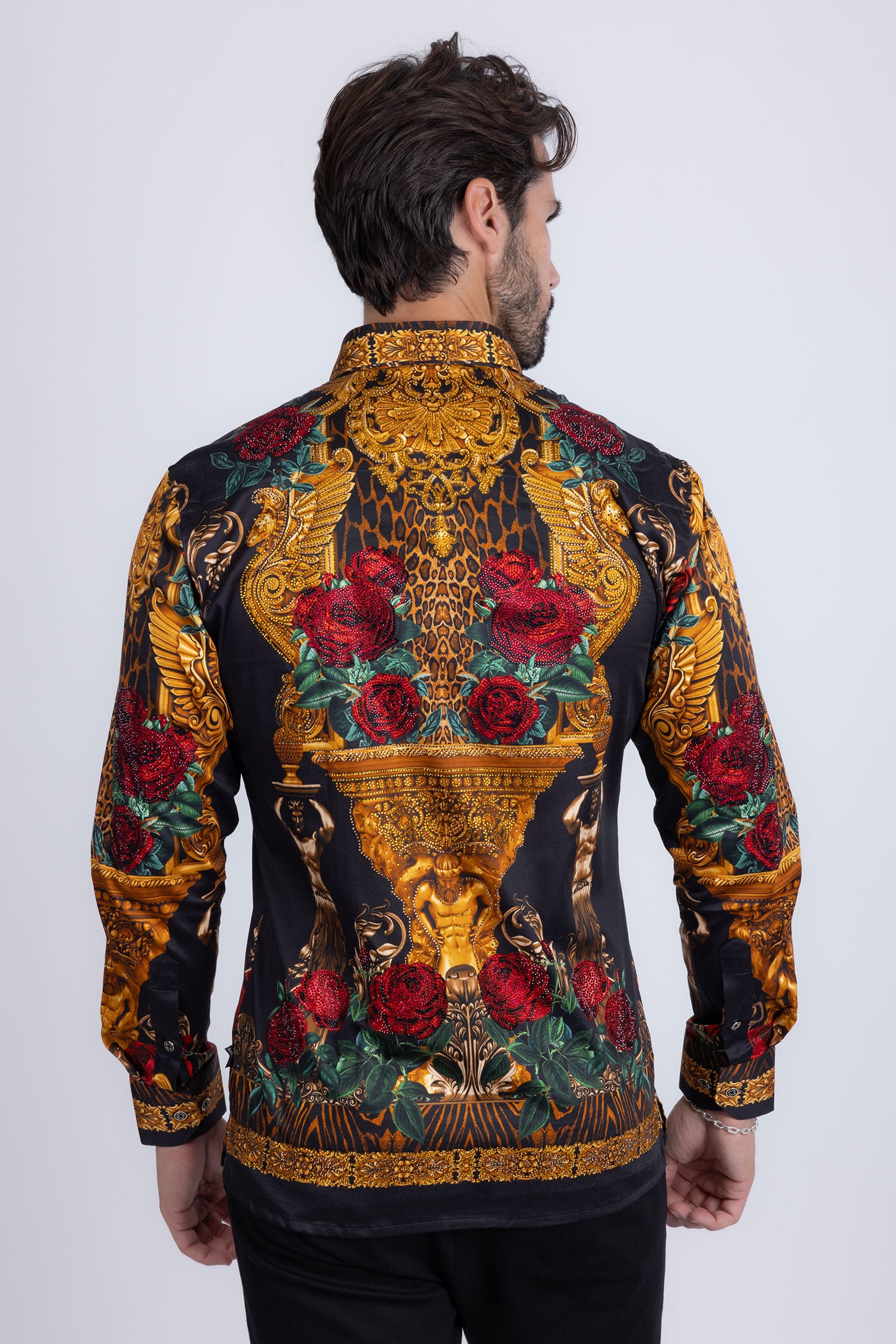 BARABAS Men's Rhinestone Floral Unicorn Long Sleeve Shirts 3SPR418 Black Gold