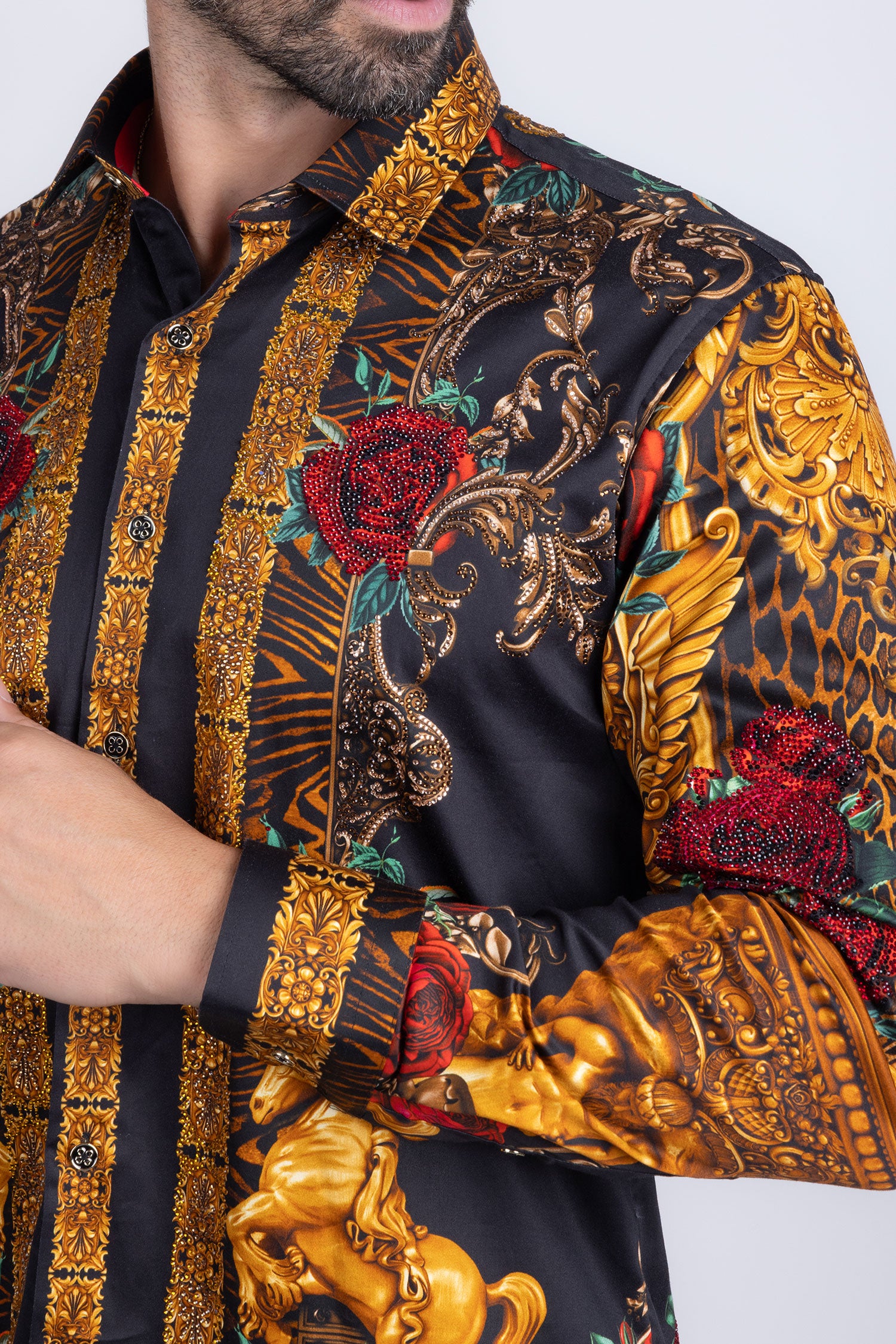 BARABAS Men's Rhinestone Floral Unicorn Long Sleeve Shirts 3SPR418 Black Gold