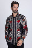 BARABAS Men's Rhinestone Floral Unicorn Long Sleeve Shirts 3SPR418 #Color_Black Silver