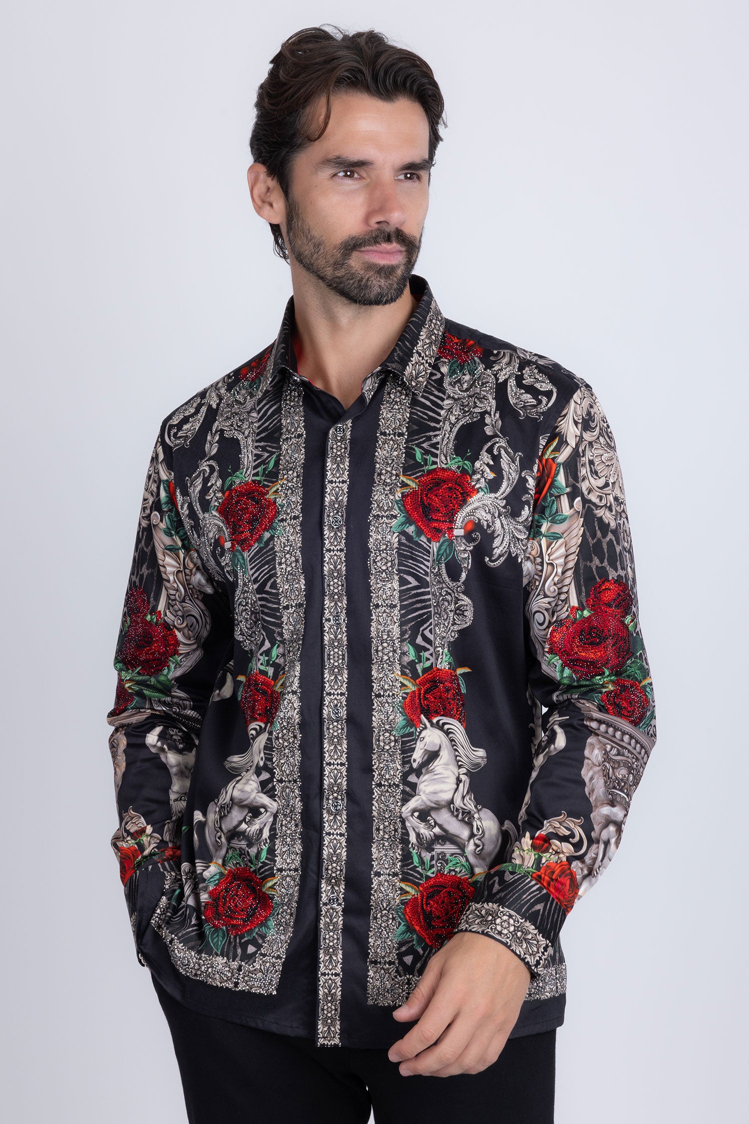 BARABAS Men's Rhinestone Floral Unicorn Long Sleeve Shirts 3SPR418 Black Silver