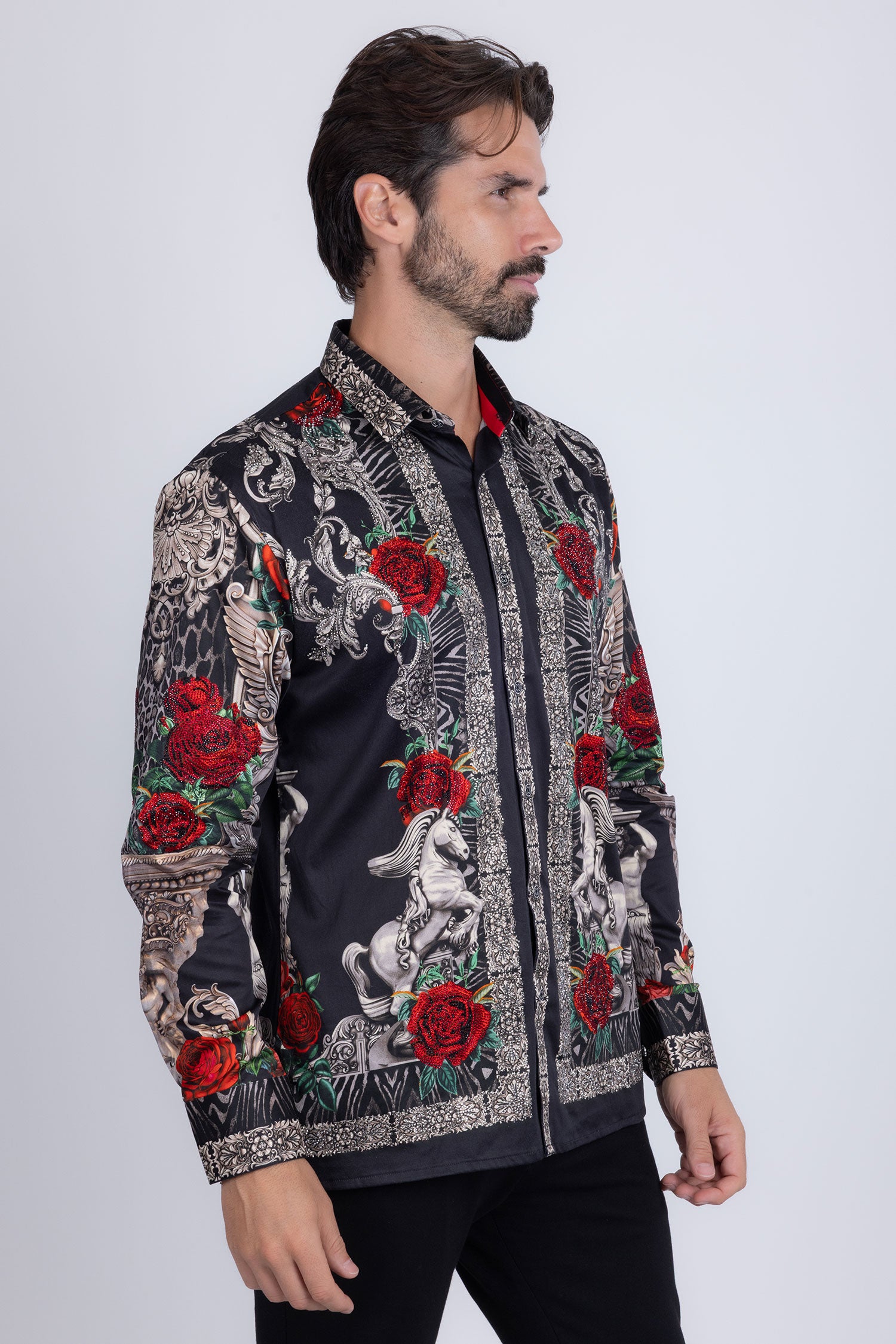 BARABAS Men's Rhinestone Floral Unicorn Long Sleeve Shirts 3SPR418 Black Silver