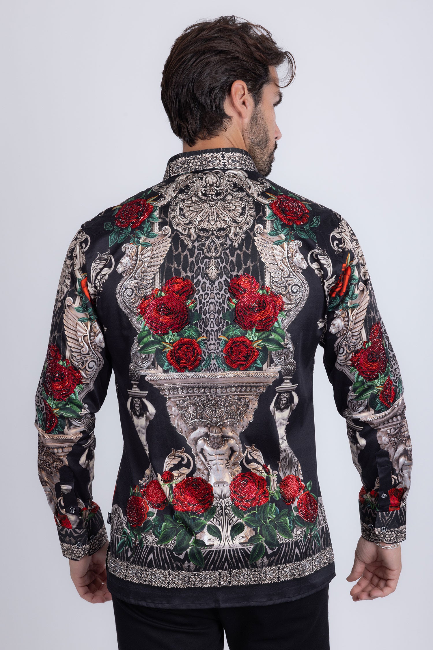 BARABAS Men's Rhinestone Floral Unicorn Long Sleeve Shirts 3SPR418 Black Silver