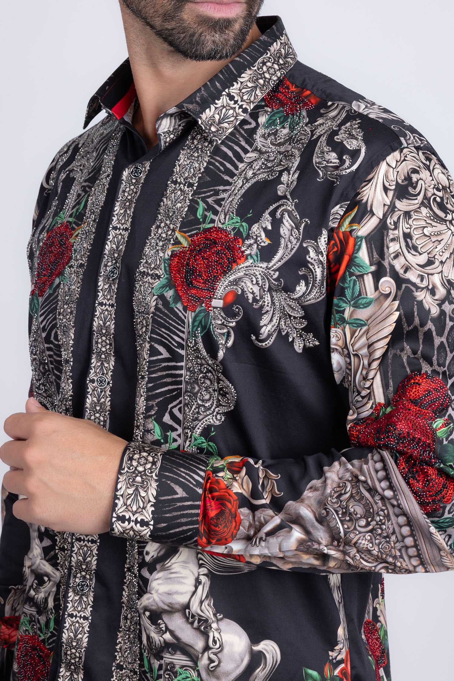 BARABAS Men's Rhinestone Floral Unicorn Long Sleeve Shirts 3SPR418 Black Silver