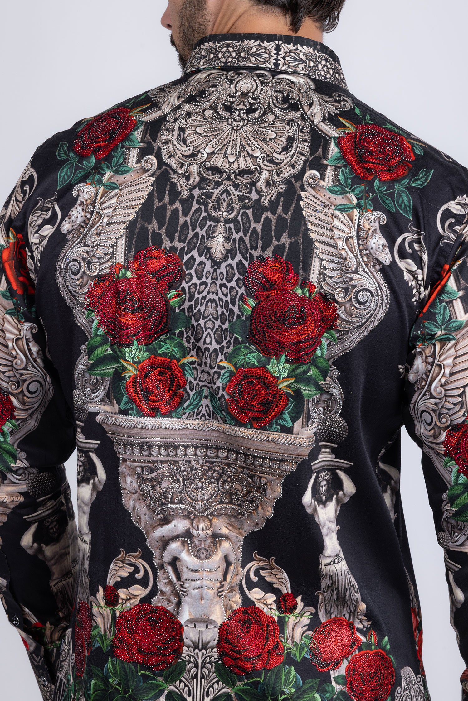 BARABAS Men's Rhinestone Floral Unicorn Long Sleeve Shirts 3SPR418 Black Silver