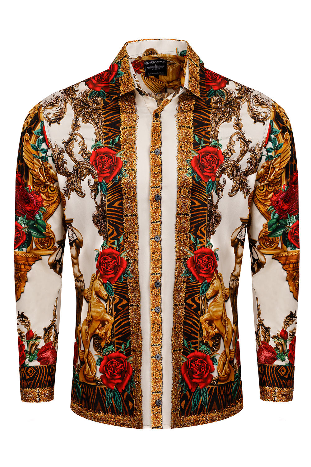 BARABAS Men's Rhinestone Floral Unicorn Long Sleeve Shirts 3SPR418 Cream