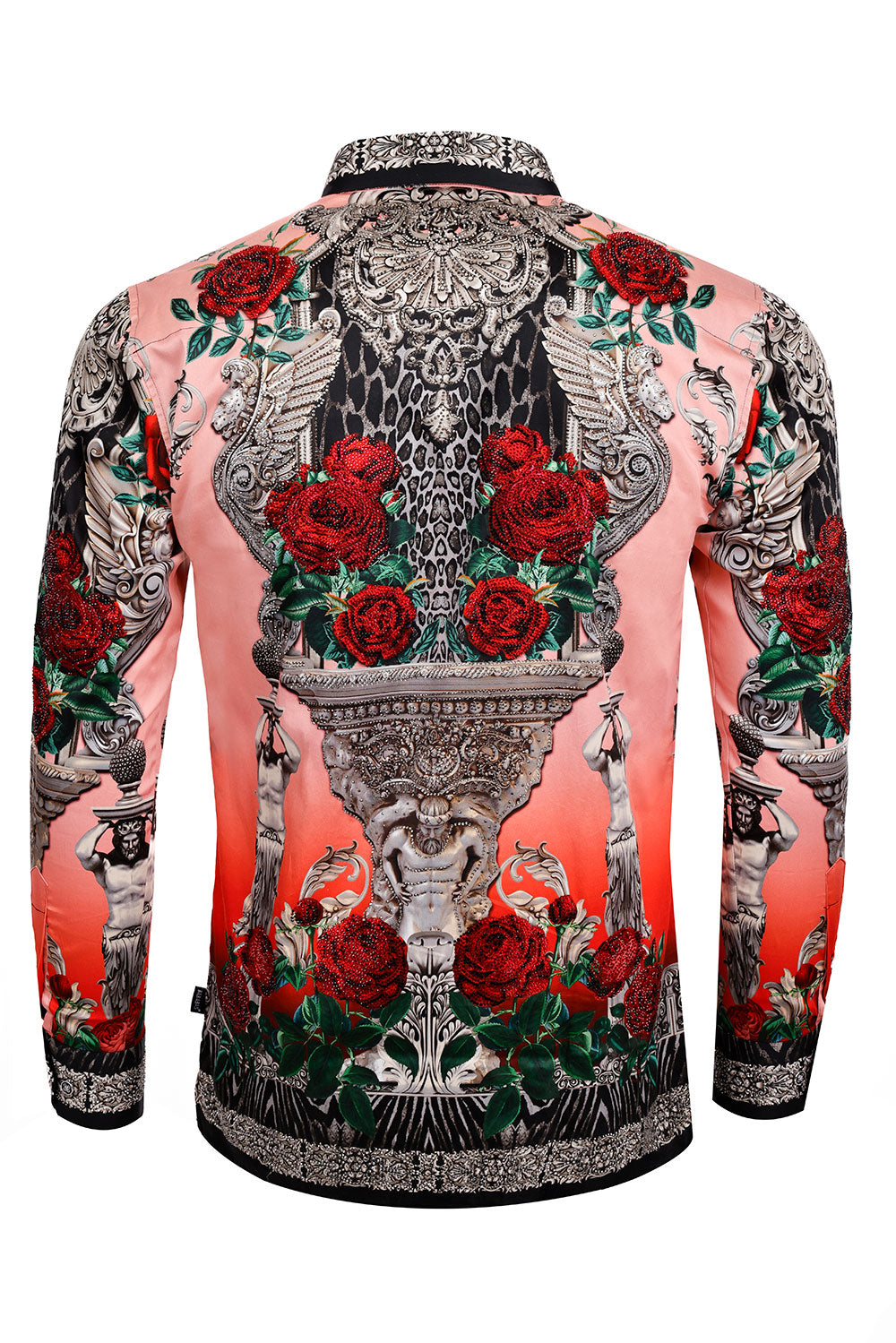 BARABAS Men's Rhinestone Floral Unicorn Long Sleeve Shirts 3SPR418 Pink