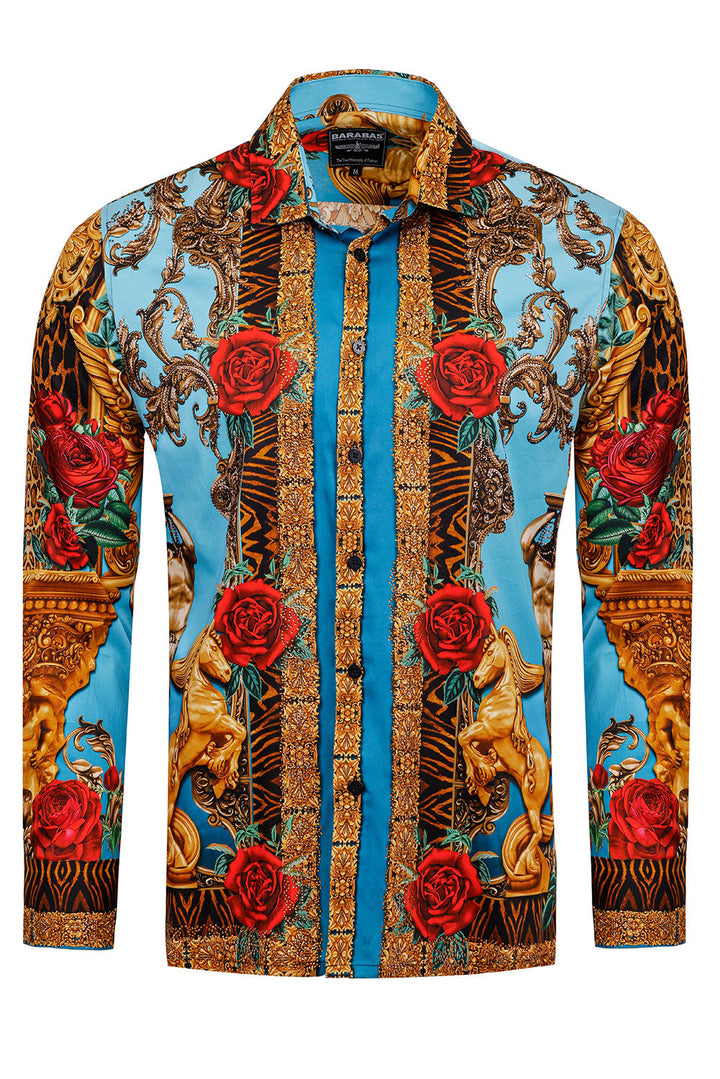 BARABAS Men's Rhinestone Floral Unicorn Long Sleeve Shirts 3SPR418 Turquoise