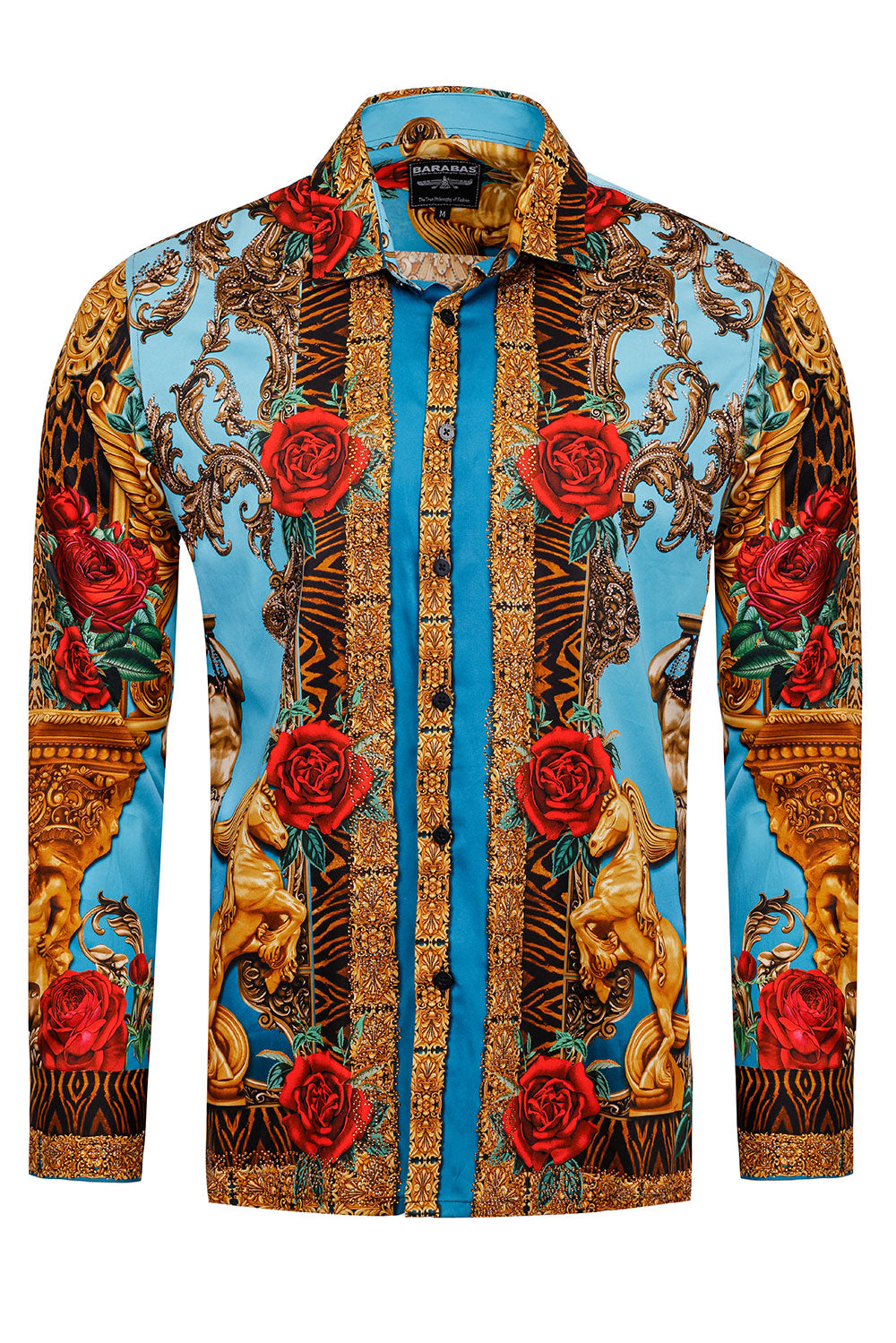 BARABAS Men's Rhinestone Floral Unicorn Long Sleeve Shirts 3SPR418 Turquoise