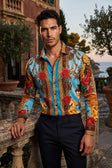 BARABAS Men's Rhinestone Floral Unicorn Long Sleeve Shirts 3SPR418 #Color_Turquoise