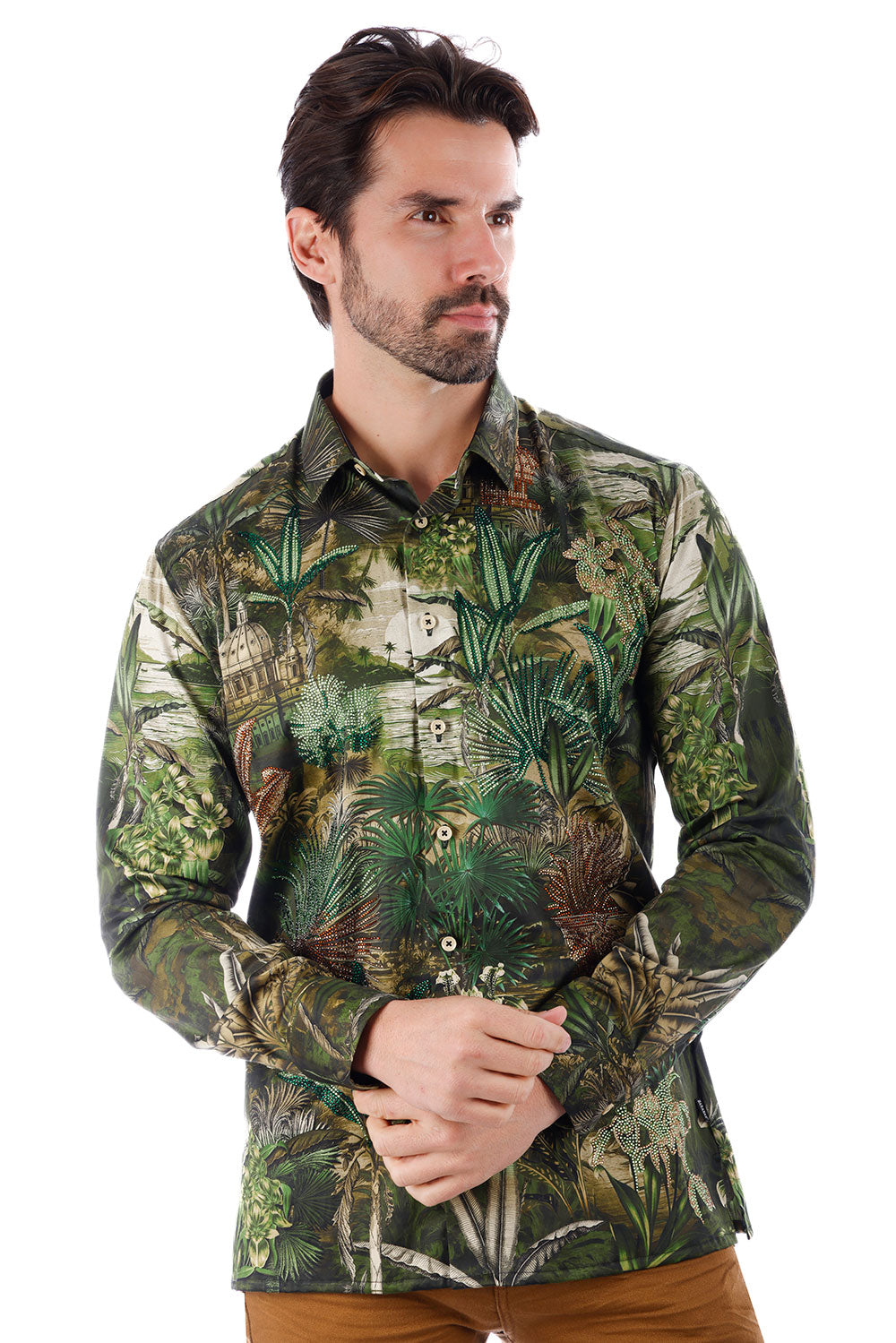 BARABAS Men's Rhinestone Floral Long Sleeve Shirts 3SPR425 Green