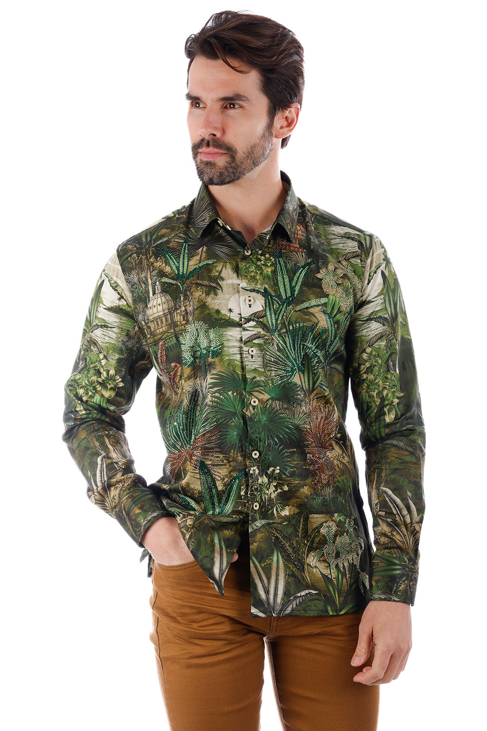 BARABAS Men's Rhinestone Floral Long Sleeve Shirts 3SPR425 Olive