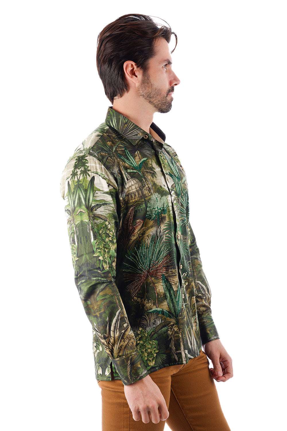 BARABAS Men's Rhinestone Floral Long Sleeve Shirts 3SPR425 Olive