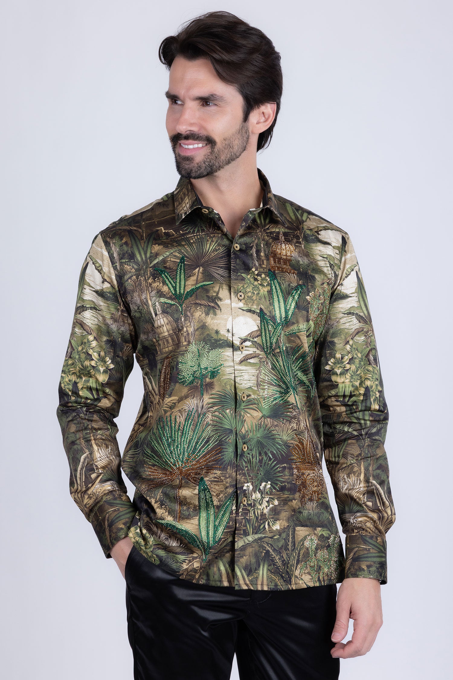 Barabas Men's Rhinestone Floral Paradise Long Sleeve Shirts 3SPR425 Green