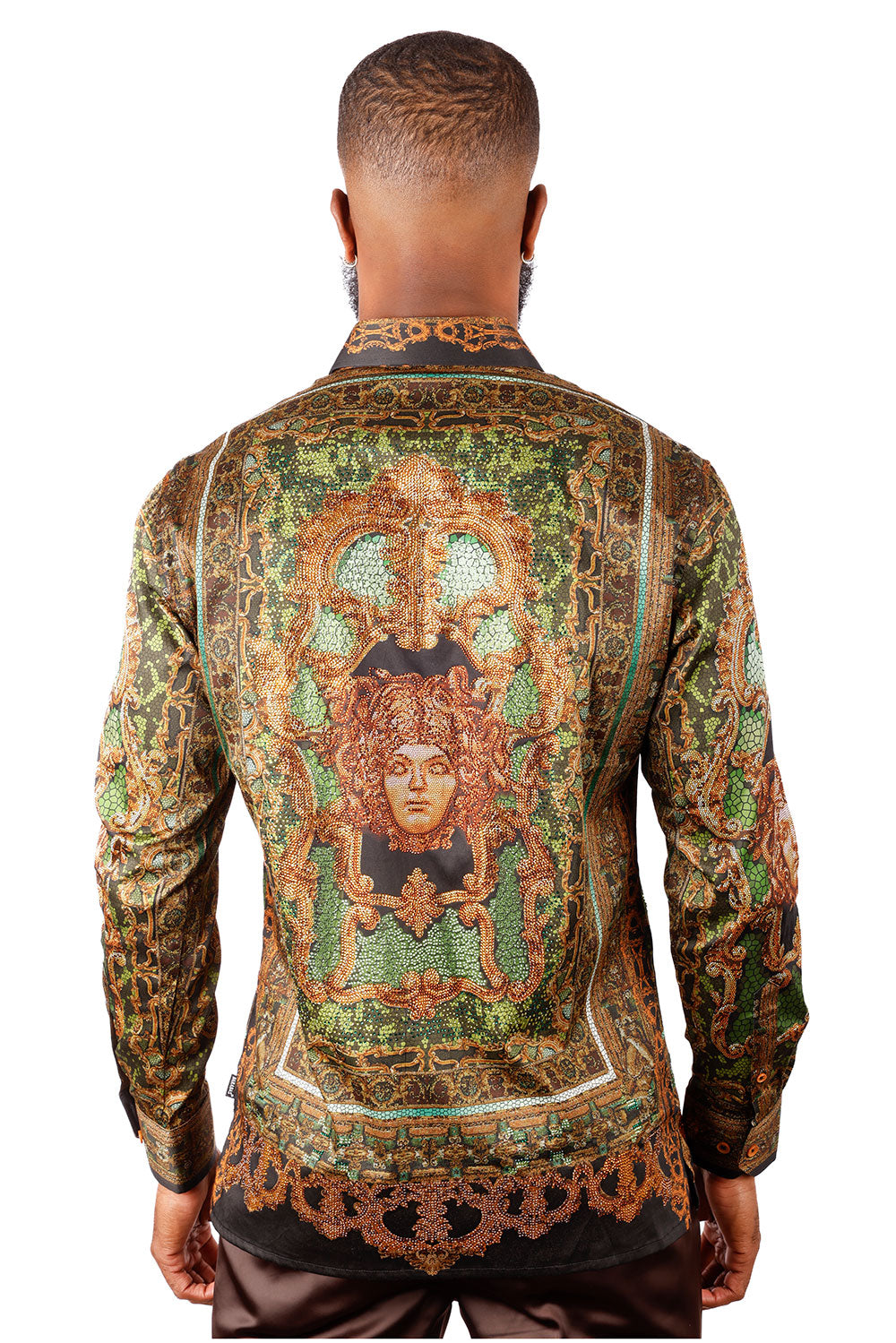 BARABAS Men's Rhinestone Medusa Long Sleeve Shirts 3SPR429 Olive