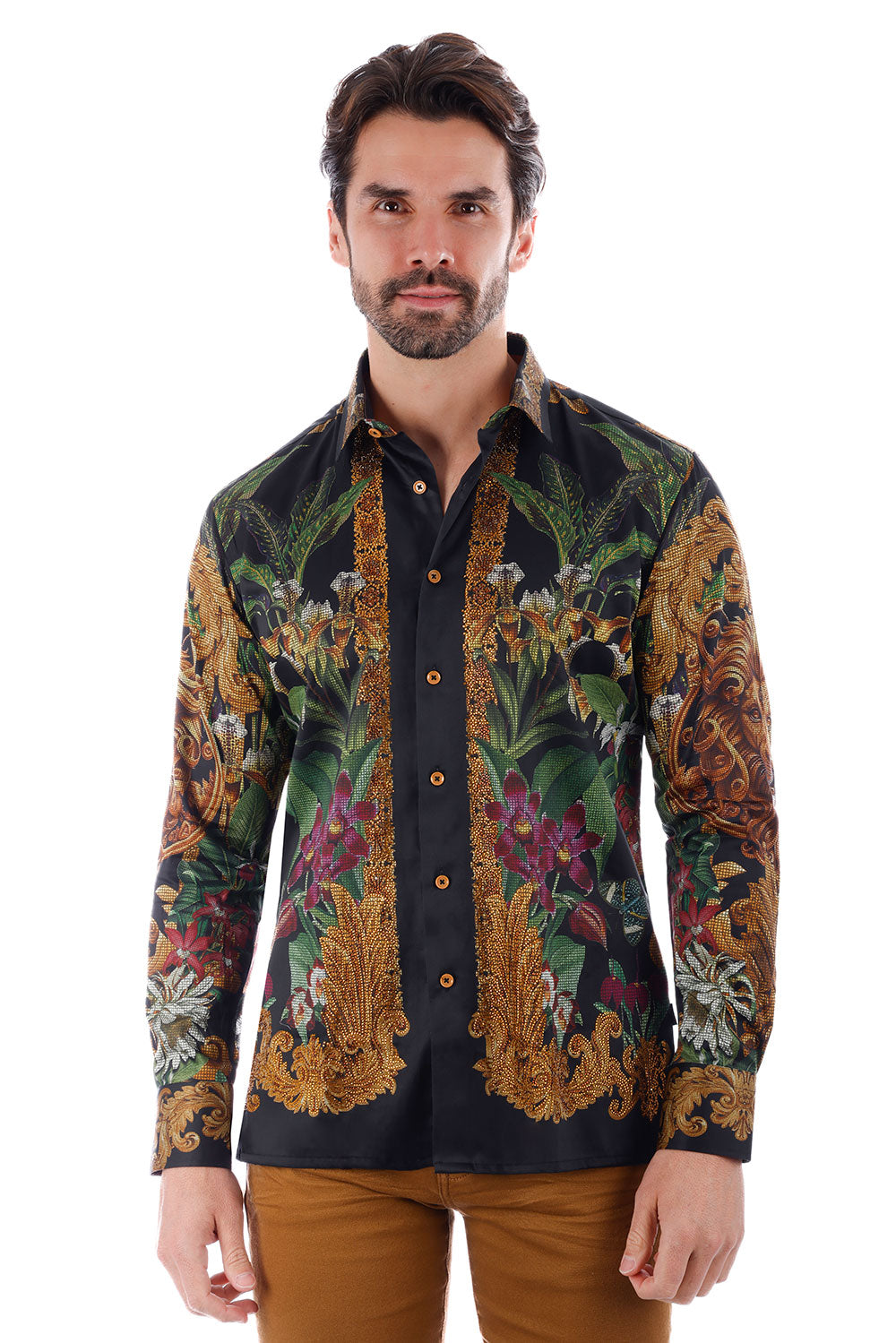 BARABAS Men's Rhinestone Floral Lion Long Sleeve Shirts 3SPR428 Black Gold