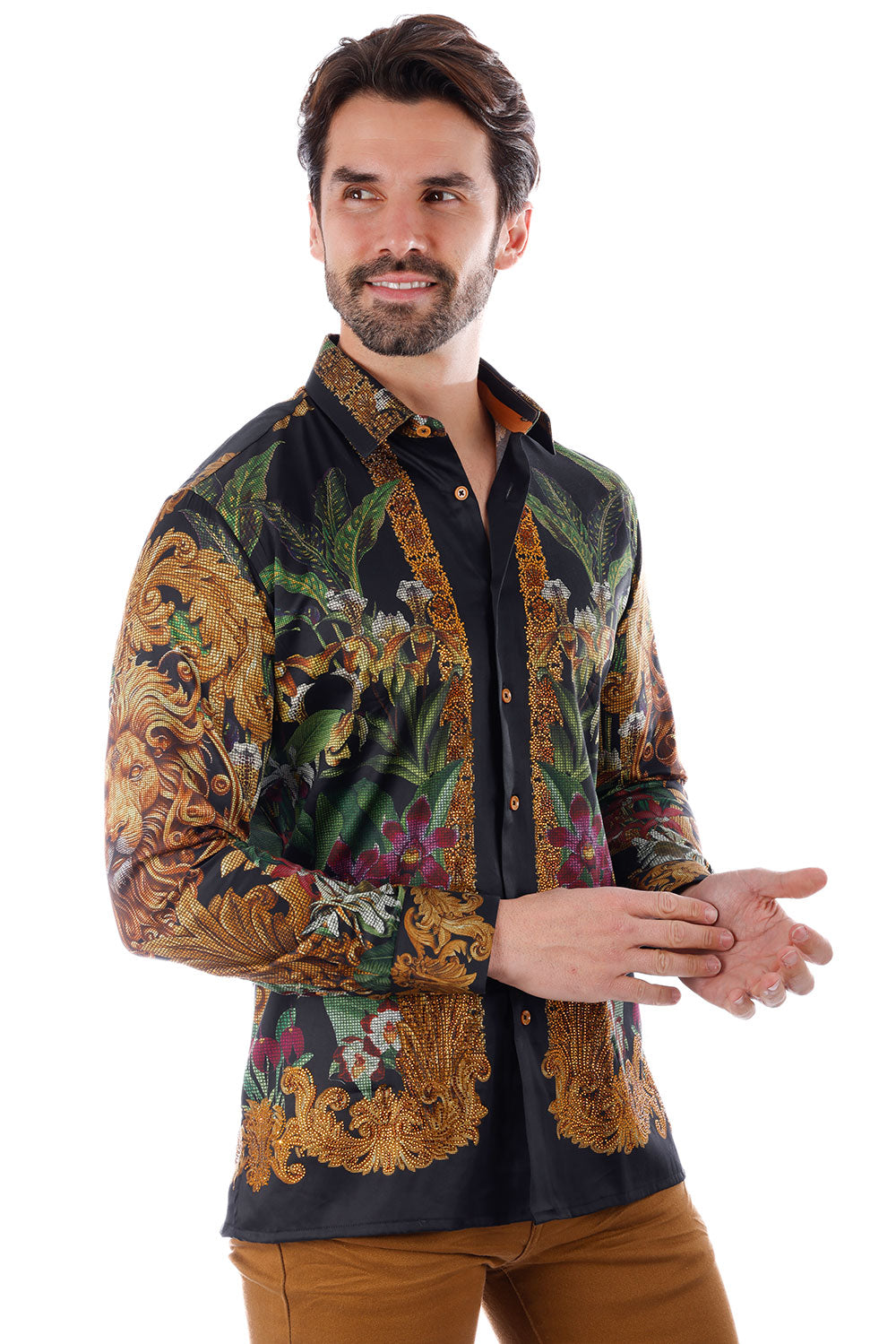 BARABAS Men's Rhinestone Floral Lion Long Sleeve Shirts 3SPR428 Black Gold