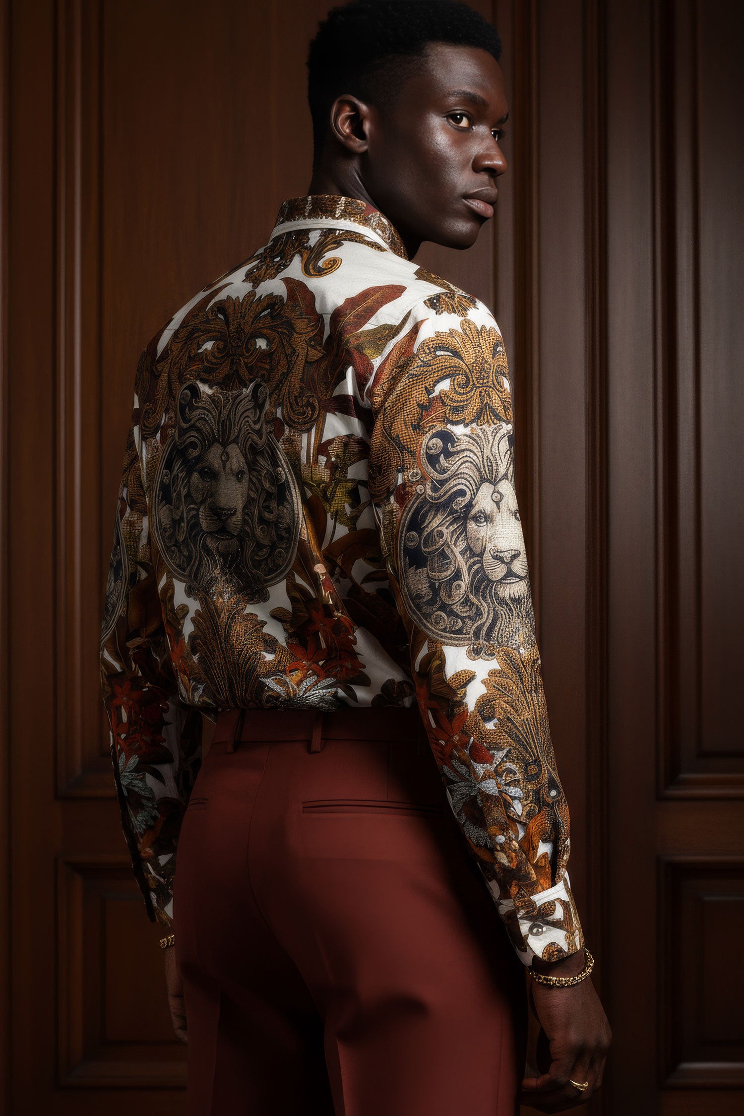 BARABAS Men's Rhinestone Floral Lion Long Sleeve Shirts 3SPR428 Cream