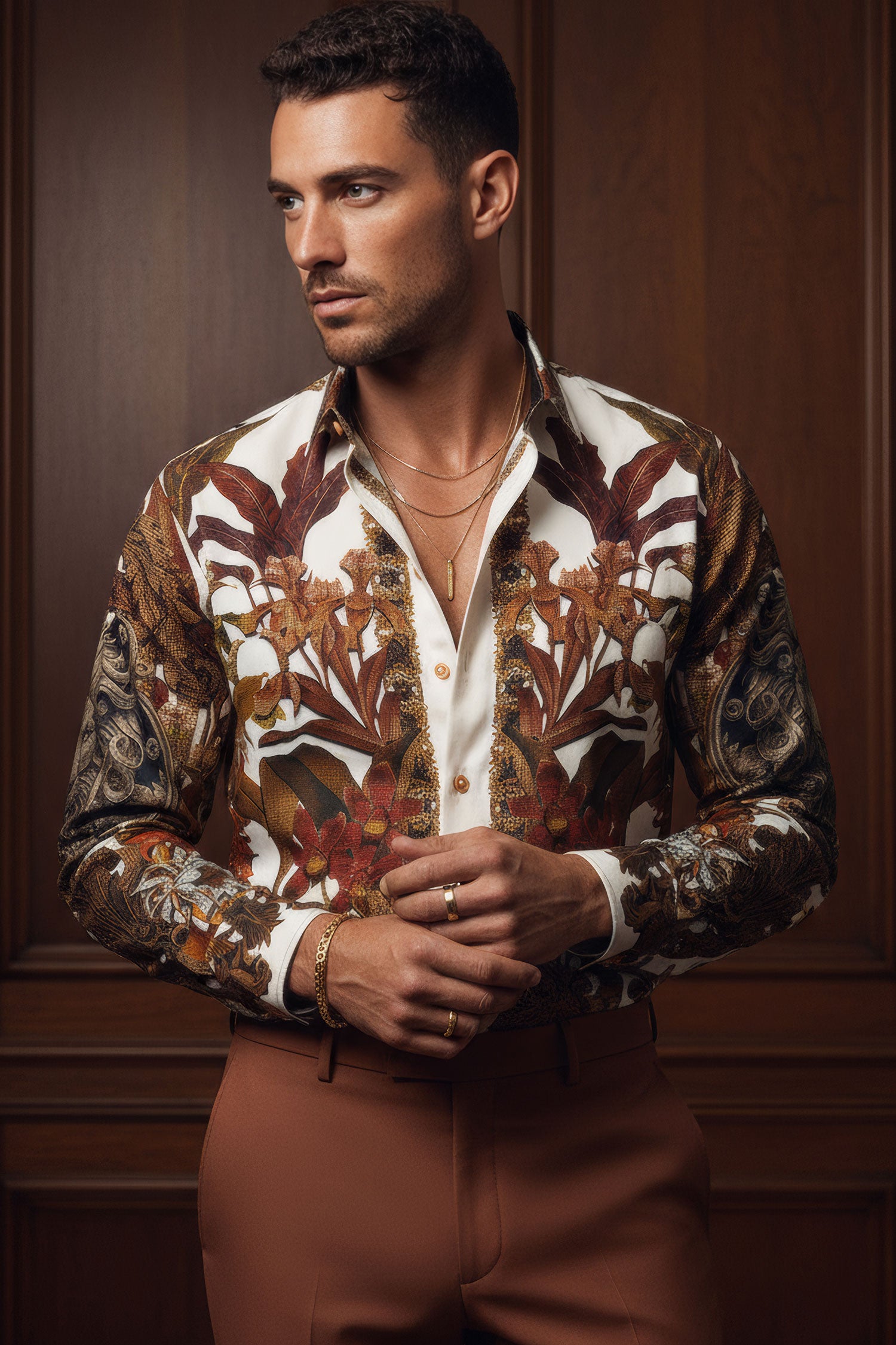 BARABAS Men's Rhinestone Floral Lion Long Sleeve Shirts 3SPR428 Cream