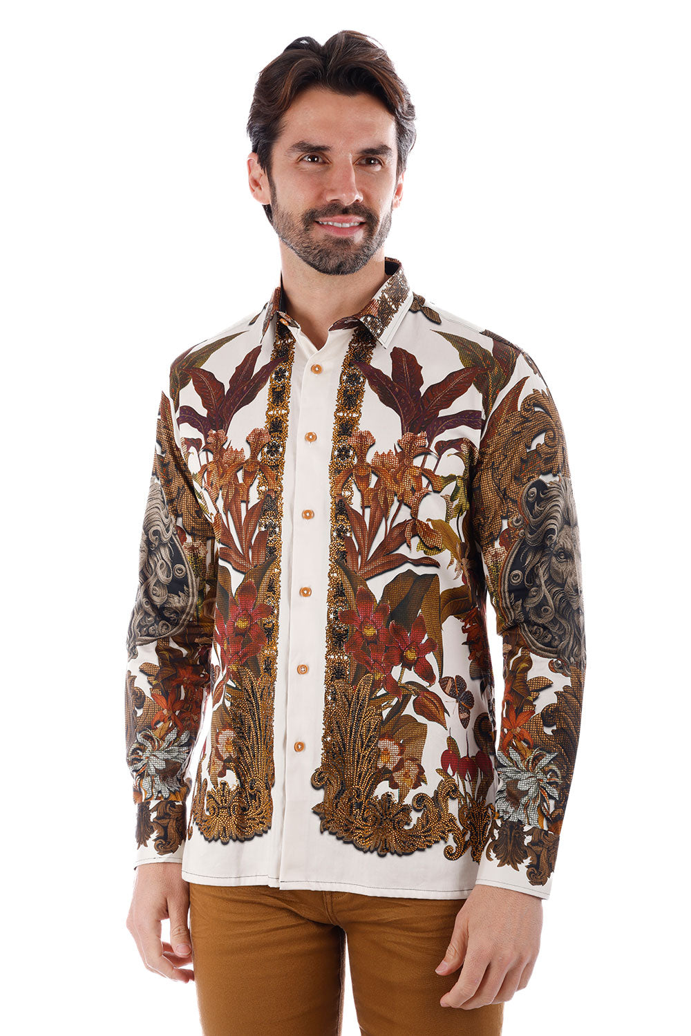 BARABAS Men's Rhinestone Floral Lion Long Sleeve Shirts 3SPR428 Cream