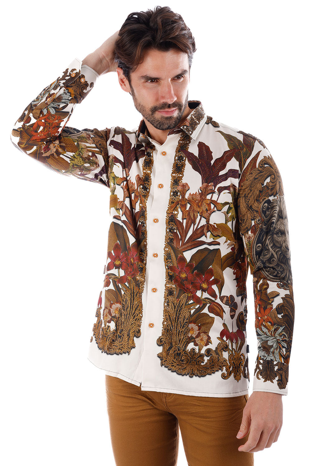 BARABAS Men's Rhinestone Floral Lion Long Sleeve Shirts 3SPR428 Cream