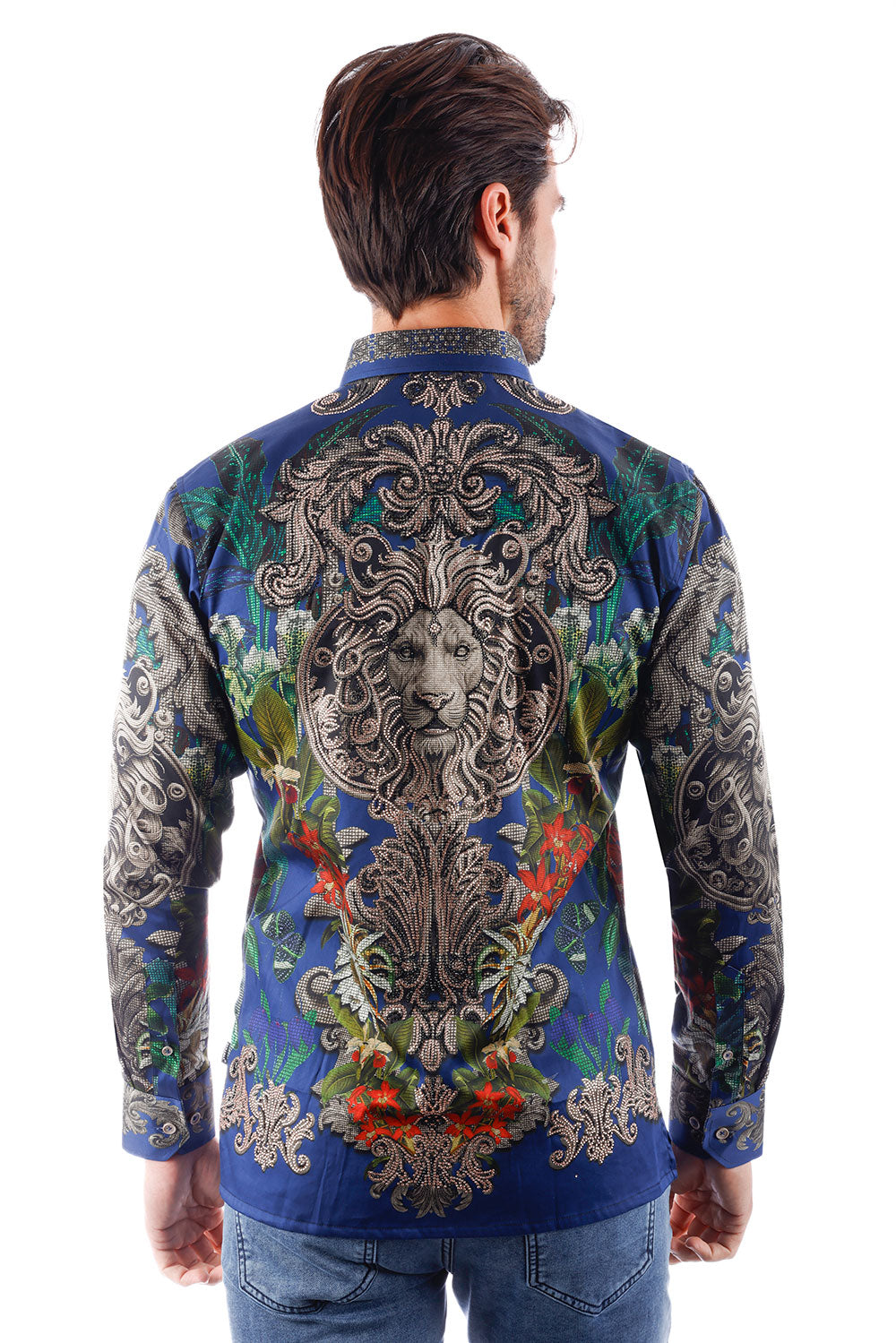 BARABAS Men's Rhinestone Floral Lion Long Sleeve Shirts 3SPR428 Navy Blue