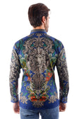 BARABAS Men's Rhinestone Floral Lion Long Sleeve Shirts 3SPR428 #Color_Navy