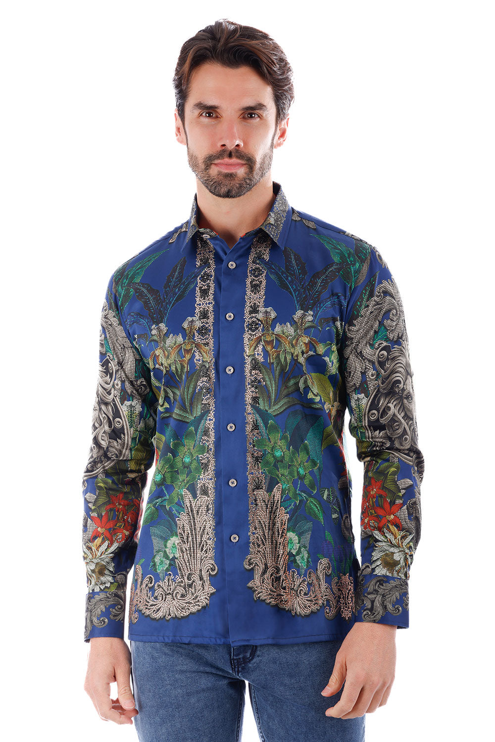 BARABAS Men's Rhinestone Floral Lion Long Sleeve Shirts 3SPR428 Navy Blue