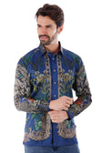 BARABAS Men's Rhinestone Floral Lion Long Sleeve Shirts 3SPR428 #Color_Navy