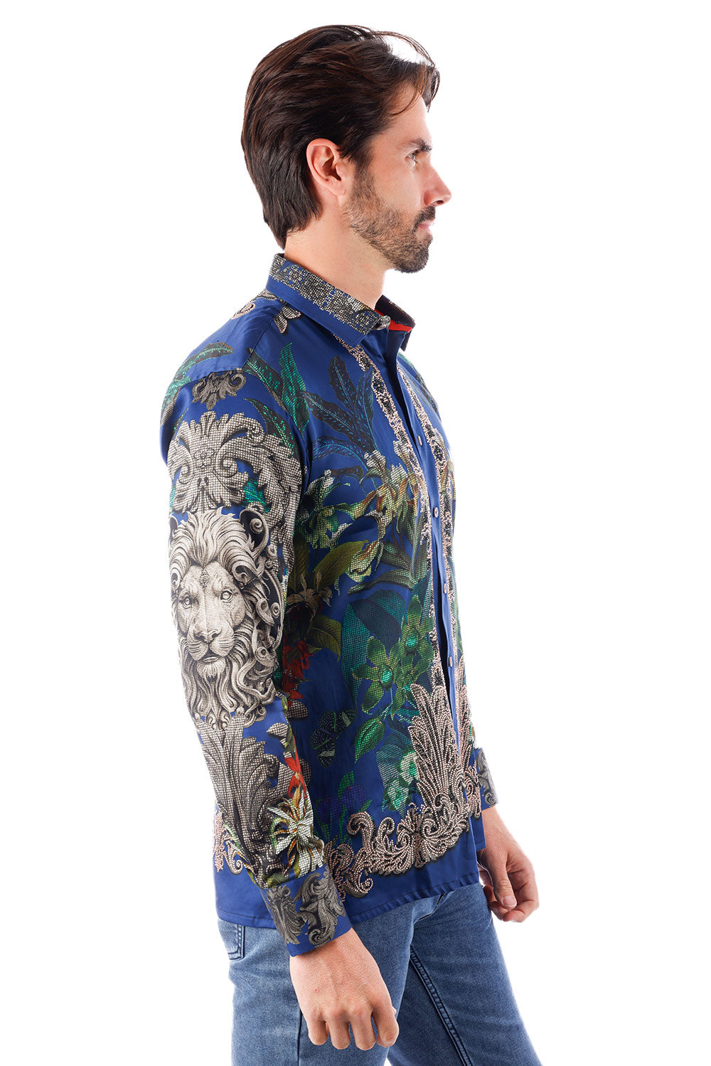 BARABAS Men's Rhinestone Floral Lion Long Sleeve Shirts 3SPR428 Navy Blue