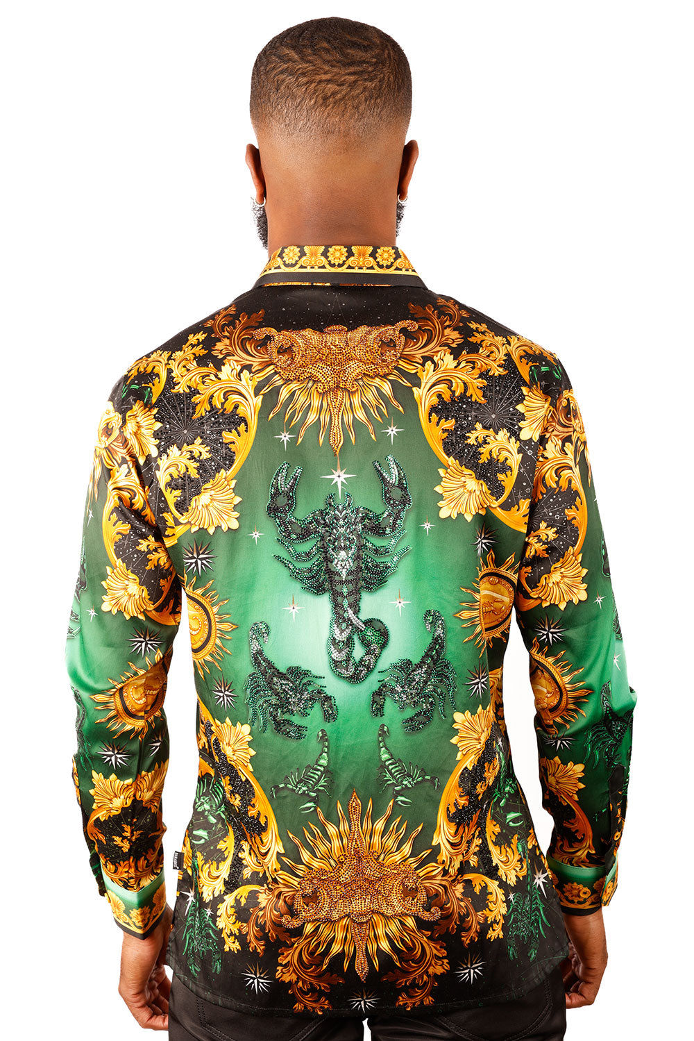 BARABAS Men's Rhinestone Scorpion Long Sleeve Shirts 3SPR432 Green