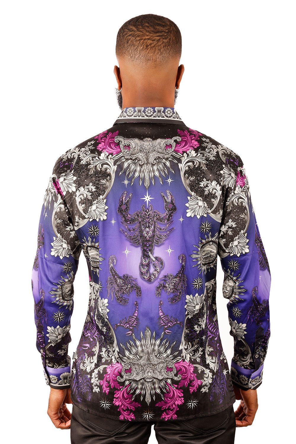 BARABAS Men's Rhinestone Scorpion Long Sleeve Shirts 3SPR432 Purple