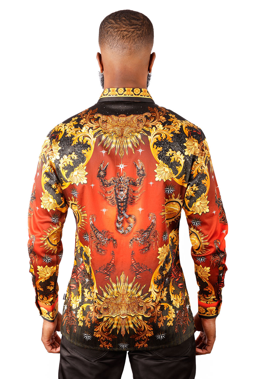 BARABAS Men's Rhinestone Scorpion Long Sleeve Shirts 3SPR432 Red