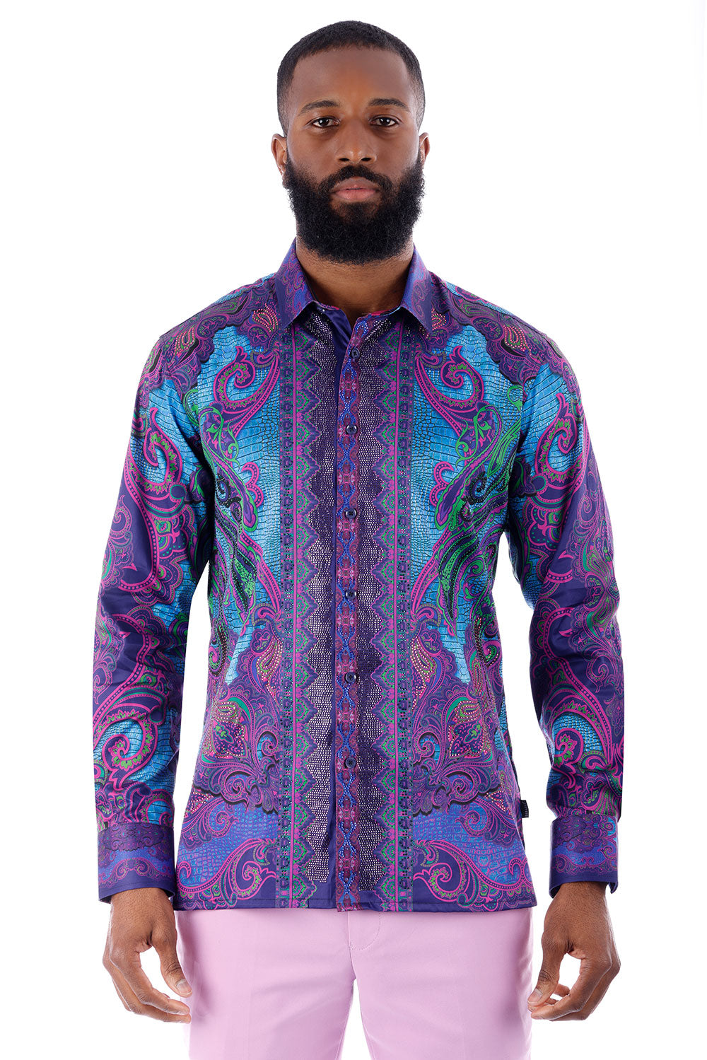 BARABAS Men's Rhinestone Floral Paisley Long Sleeve Shirts 3SPR433 Blue