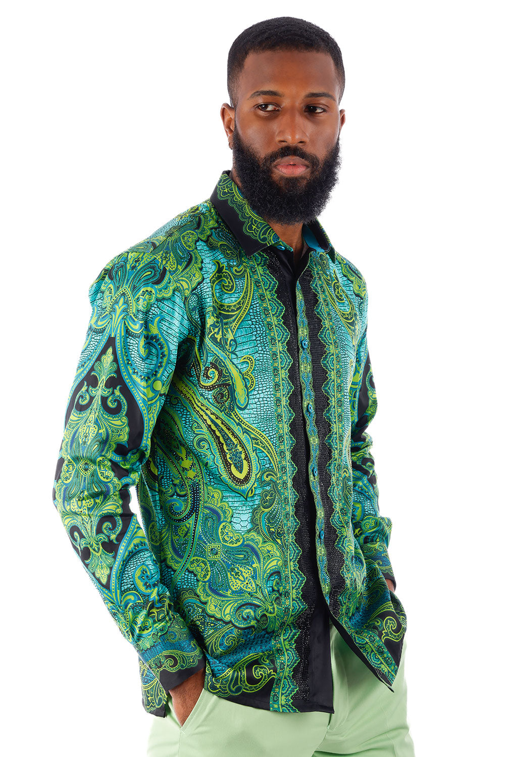 BARABAS Men's Rhinestone Floral Paisley Long Sleeve Shirts 3SPR433 Green