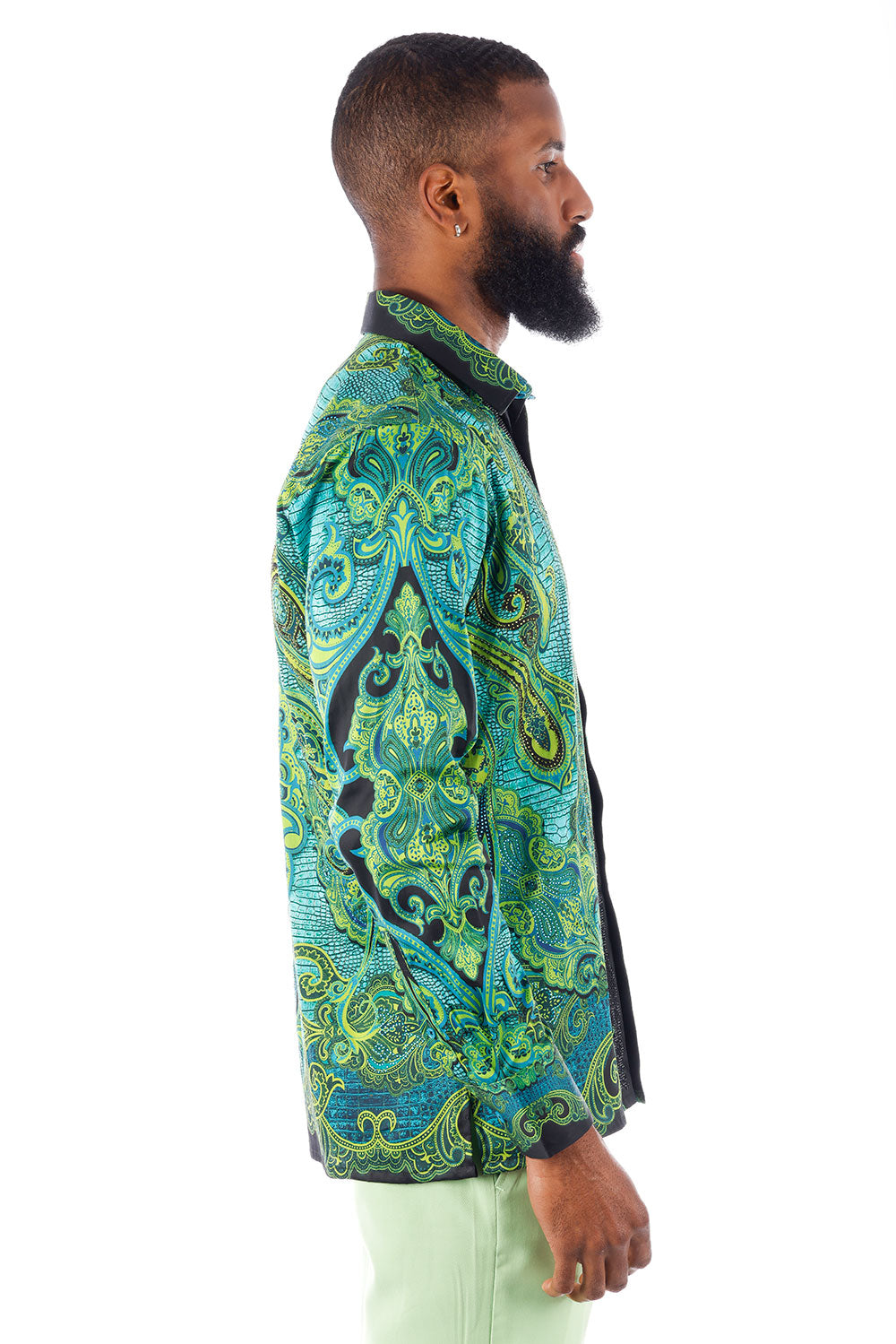 BARABAS Men's Rhinestone Floral Paisley Long Sleeve Shirts 3SPR433 Green