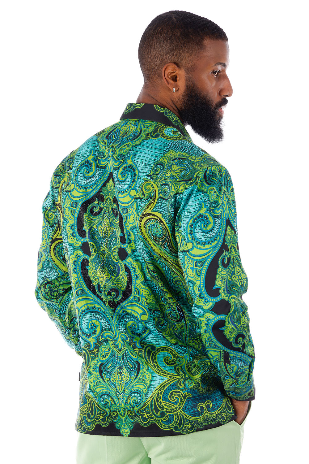 BARABAS Men's Rhinestone Floral Paisley Long Sleeve Shirts 3SPR433 Green