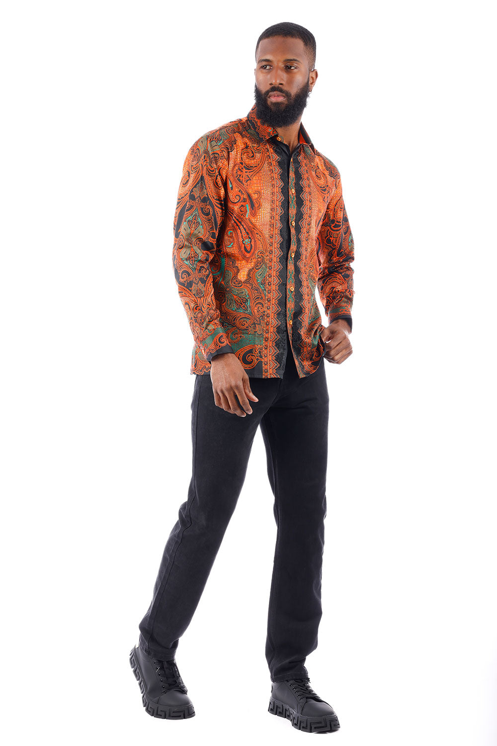 BARABAS Men's Rhinestone Floral Paisley Long Sleeve Shirts 3SPR433 Orange