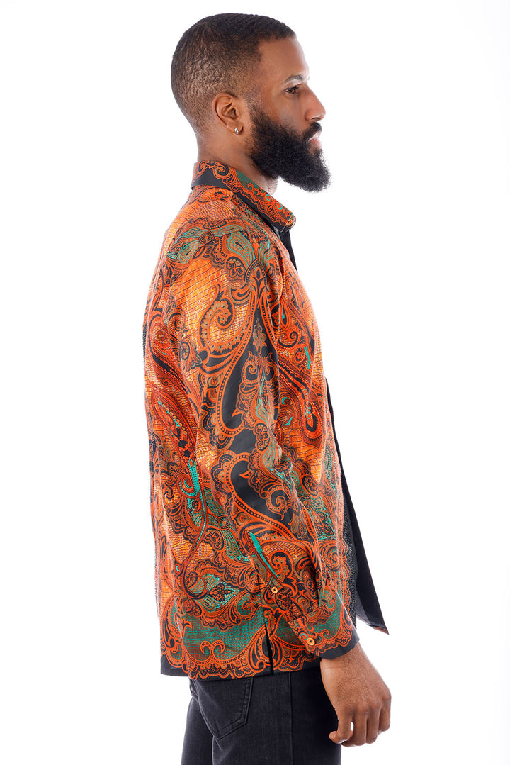 BARABAS Men's Rhinestone Floral Paisley Long Sleeve Shirts 3SPR433 Rust