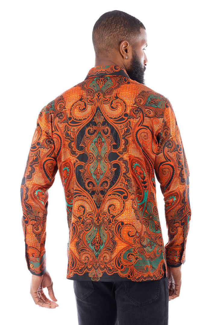 BARABAS Men's Rhinestone Floral Paisley Long Sleeve Shirts 3SPR433 Rust