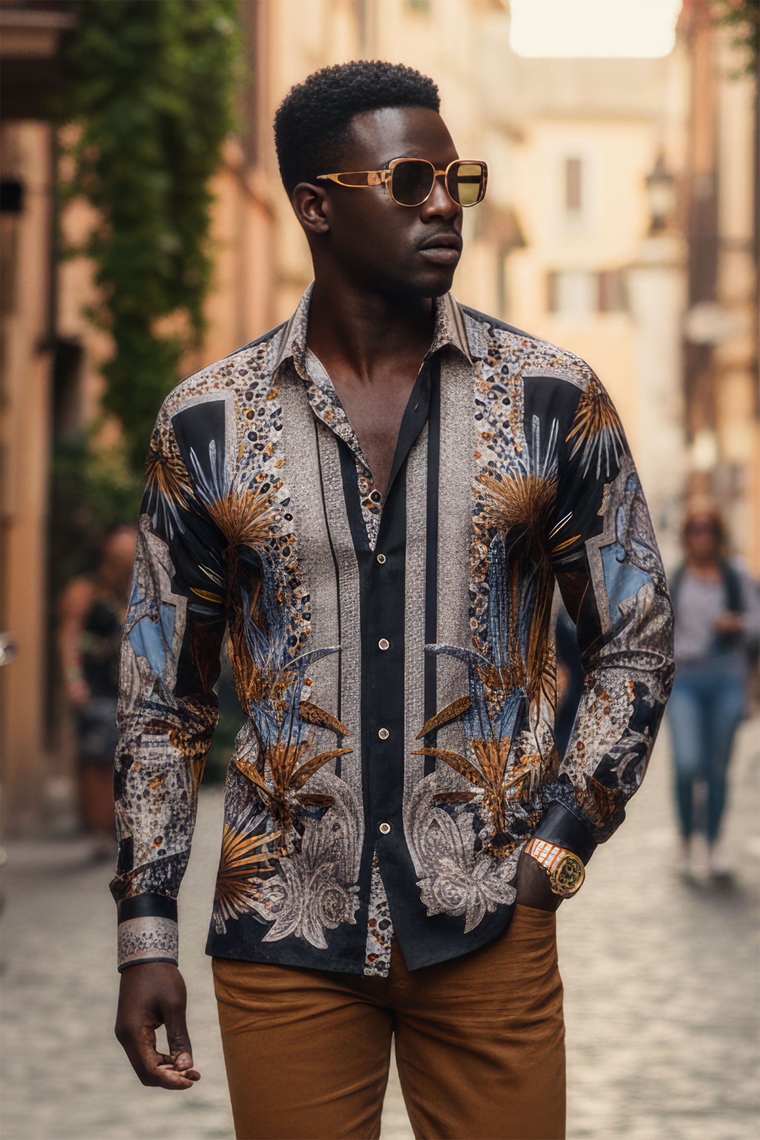 BARABAS Men's Rhinestone Floral Baroque Long Sleeve Shirts 3SPR437 Black Silver