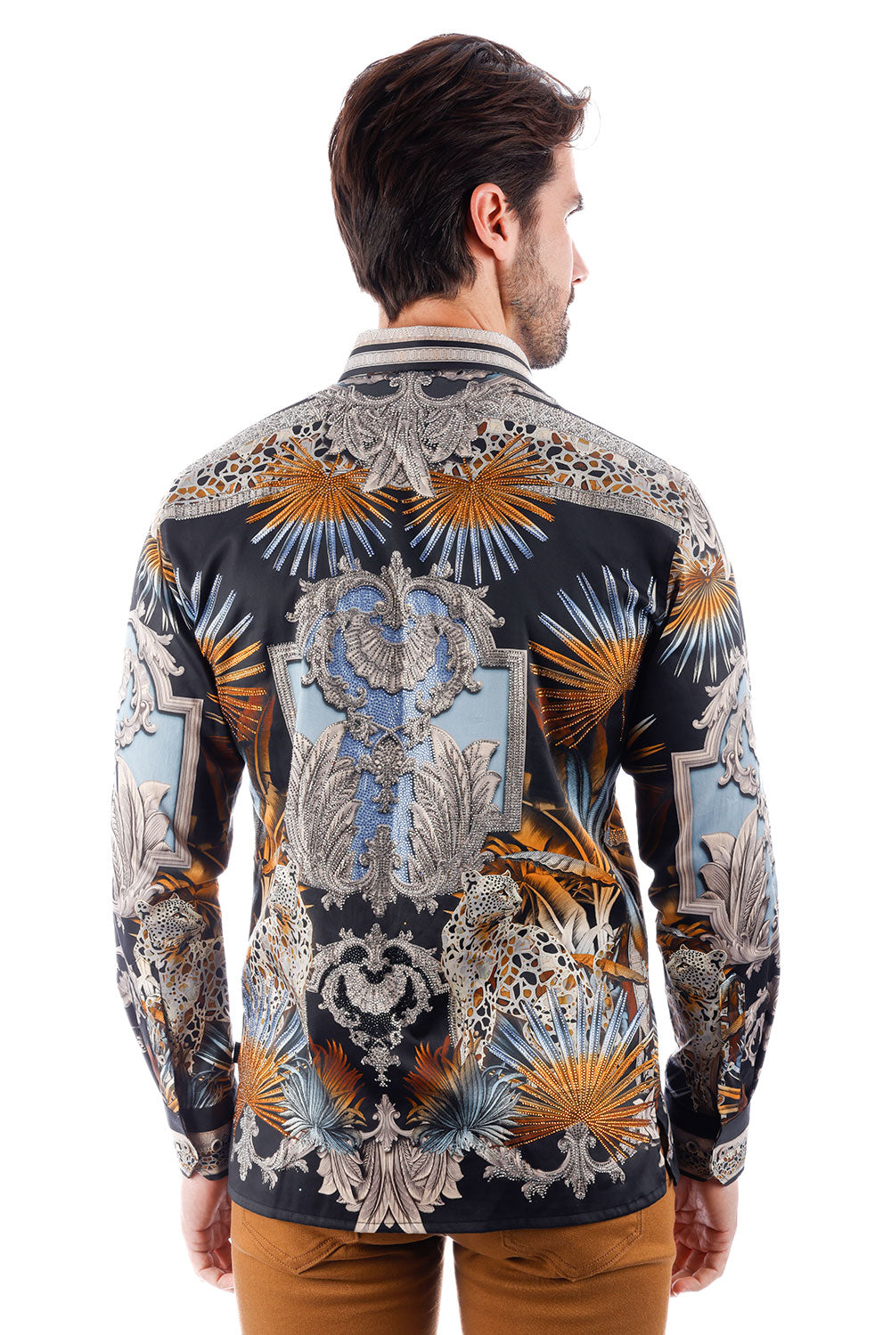 BARABAS Men's Rhinestone Floral Baroque Long Sleeve Shirts 3SPR437 Black Silver