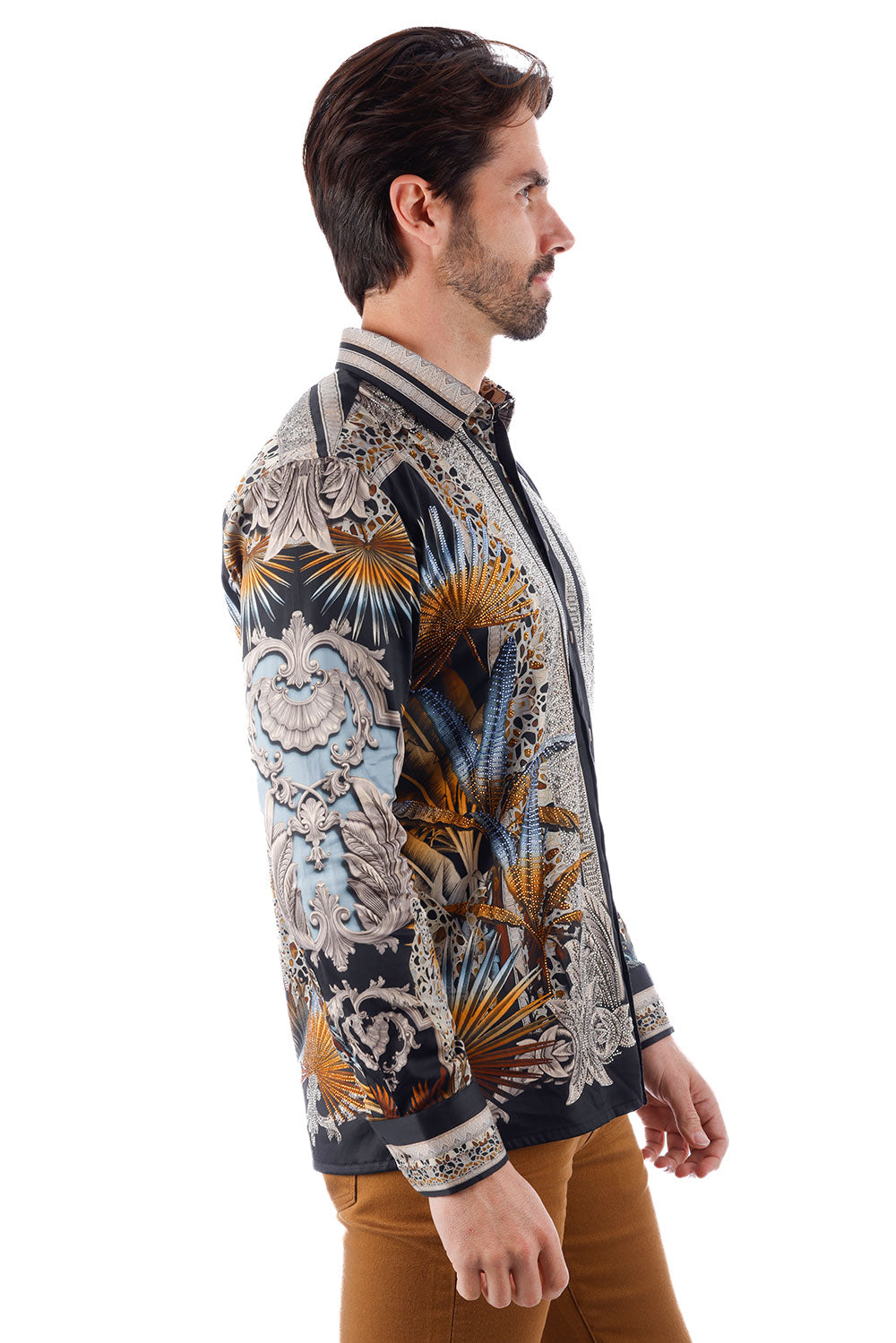 BARABAS Men's Rhinestone Floral Baroque Long Sleeve Shirts 3SPR437 Black Silver