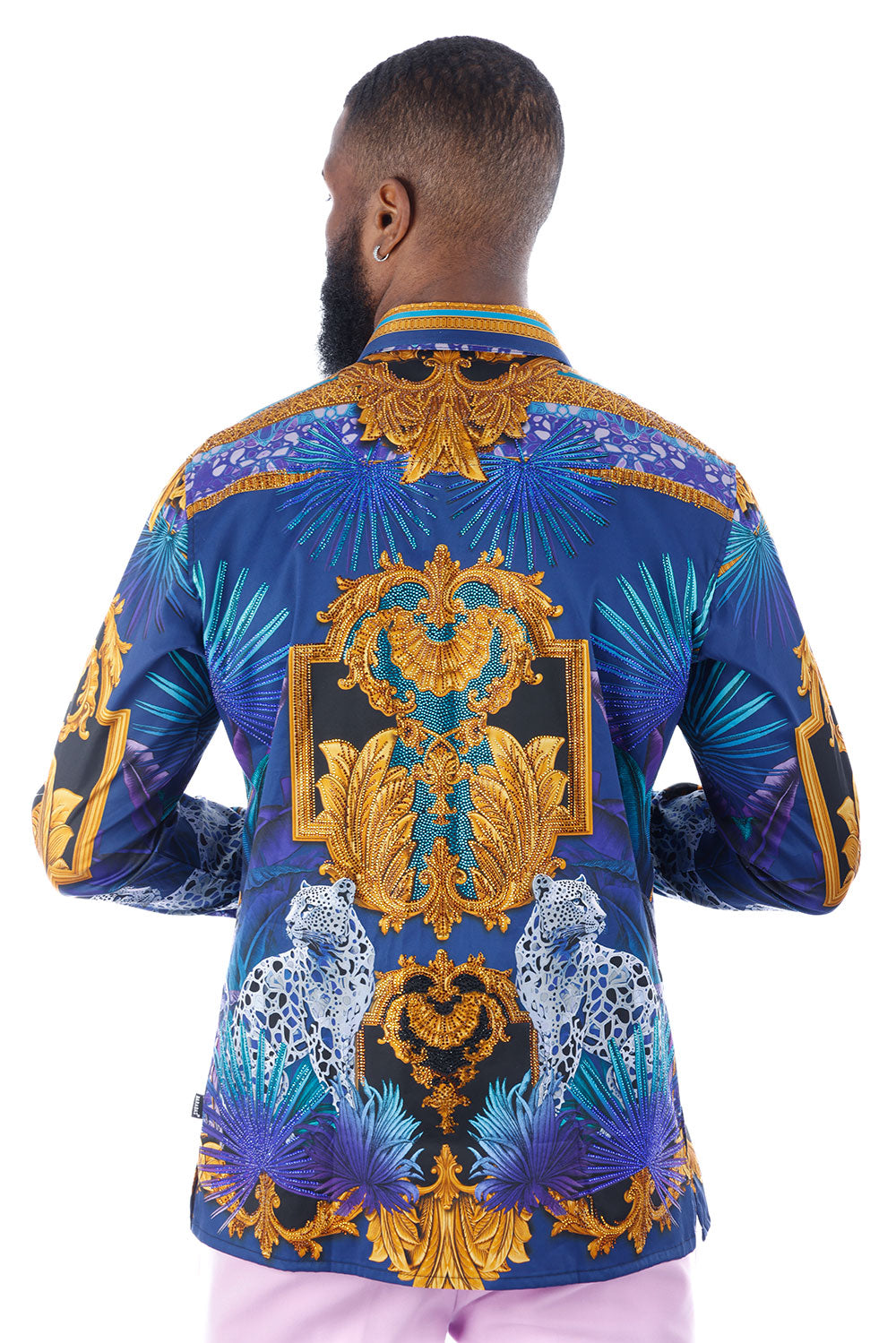 BARABAS Men's Rhinestone Floral Baroque Long Sleeve Shirts 3SPR437 Blue