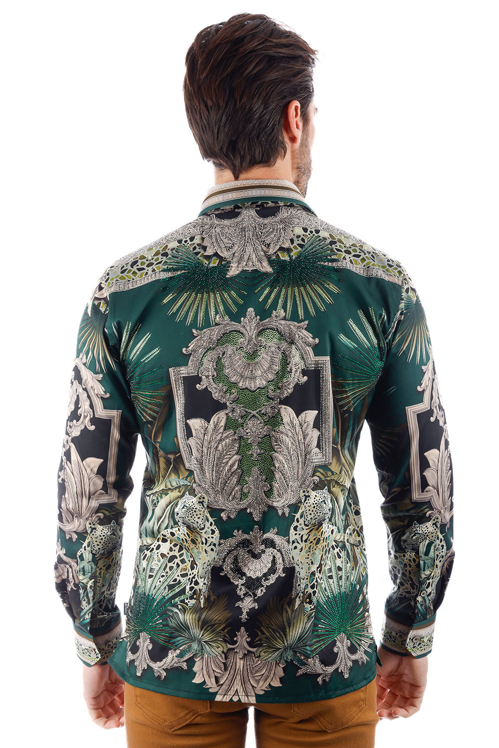 BARABAS Men's Rhinestone Floral Baroque Long Sleeve Shirts 3SPR437 Green