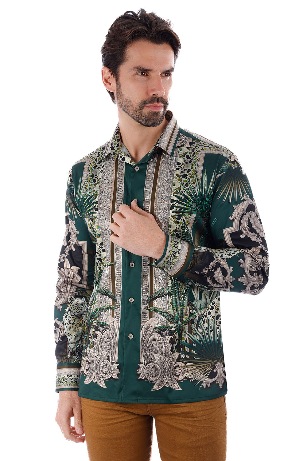 BARABAS Men's Rhinestone Floral Baroque Long Sleeve Shirts 3SPR437 Green