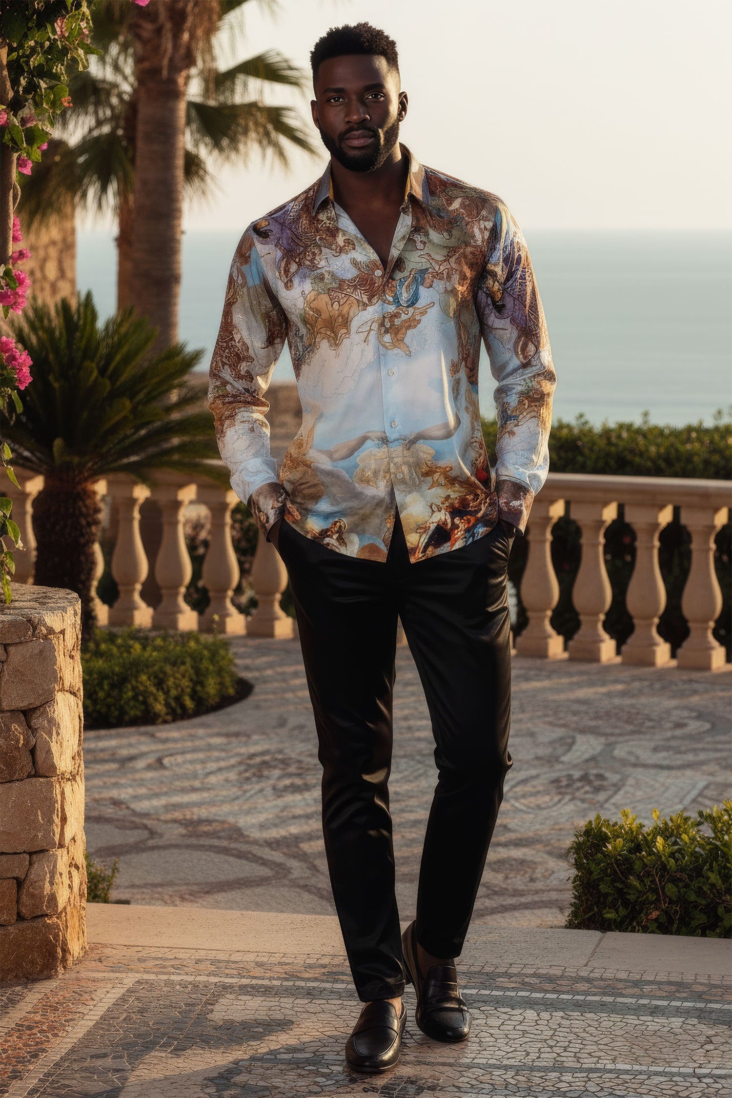 Barabas Men's Rhinestone Angels Pattern Long Sleeve Shirts 3SPR618 Mustard